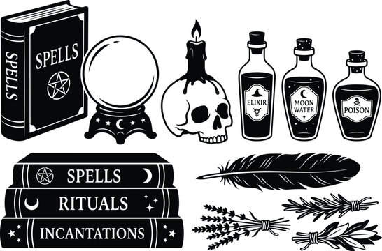 Set of witchcraft and wizardry magic spell elements vector icons