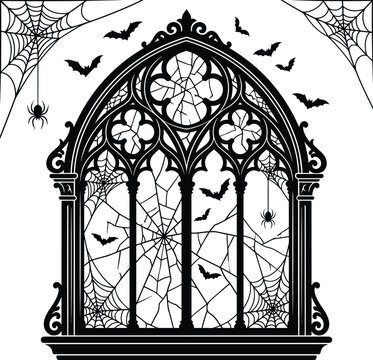 Gothic haunted window silhouette with spider webs and bats vector illustration