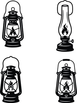 Set of vintage oil lamp and antique rustic lantern icons vector collection