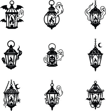 Collection of Halloween decorative lanterns with ghosts and bats vector icons
