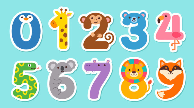 Colorful vector illustration featuring cute animal numbers from zero to nine designed for educational children school learning and creative projects