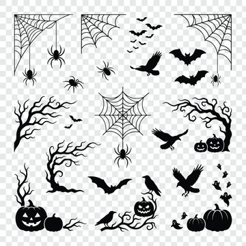 Halloween decoration elements with pumpkins, bats, and spider webs