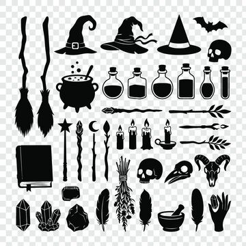 Halloween Witchcraft Silhouette Collection with Brooms, Potions, Skulls, Magic Wands and Mystic Symbols