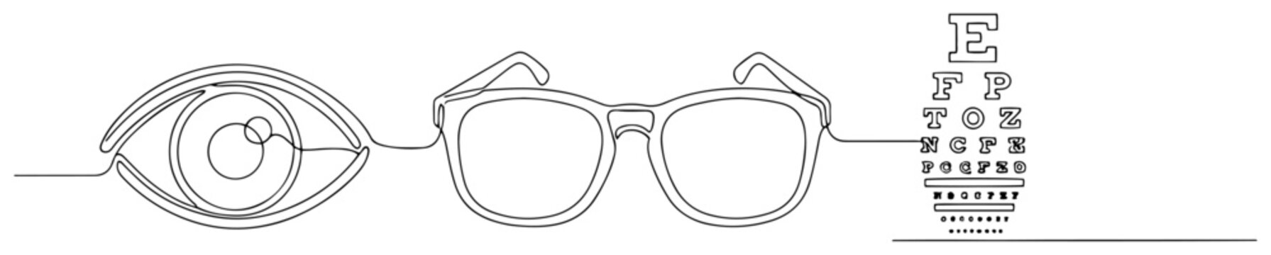 Human eye with eyeglasses and vision testing chart in continuous line art style