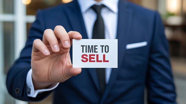 Businessman holding time to sell sign representing investment opportunity market timing and sales strategy
