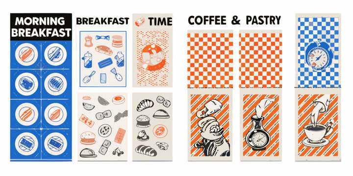 Retro Style Breakfast And Coffee Illustrations Vintage Pattern Design