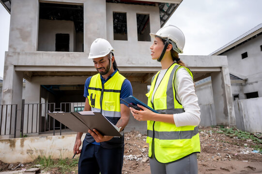 Civil construction site managers holding clipboard at residential construction site, inspection unfinished residential building during daytime, scene of house inspection and real estate development.