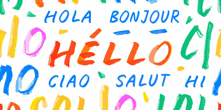 Multilingual hello typography colorful watercolor lettering on white background