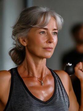 Mature woman exercising with dumbbell, focused on fitness goal, showcasing strength, wellness and active aging in a gym setting.