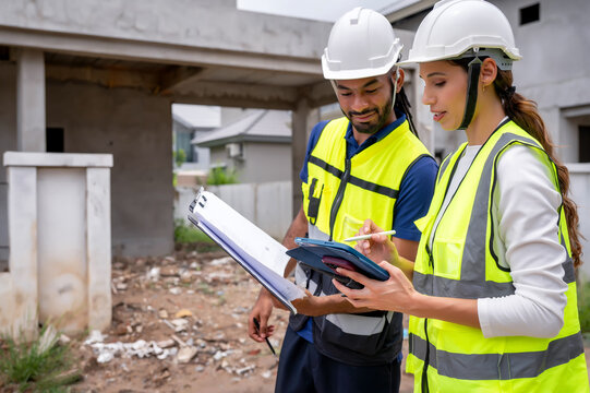 Civil construction site managers holding clipboard at residential construction site, discuss progress of work while inspection unfinished residential building, scene of house inspection development.