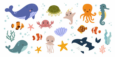 Cartoon sea creatures collection vector illustration with white background © Nova