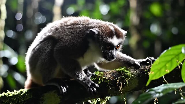 Lemur with orange eyes perched on mossy branch in dark tropical forest; side profile view with rim lighting and blurred jungle background at night.