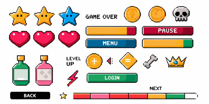 Pixel art game user interface elements on a white background