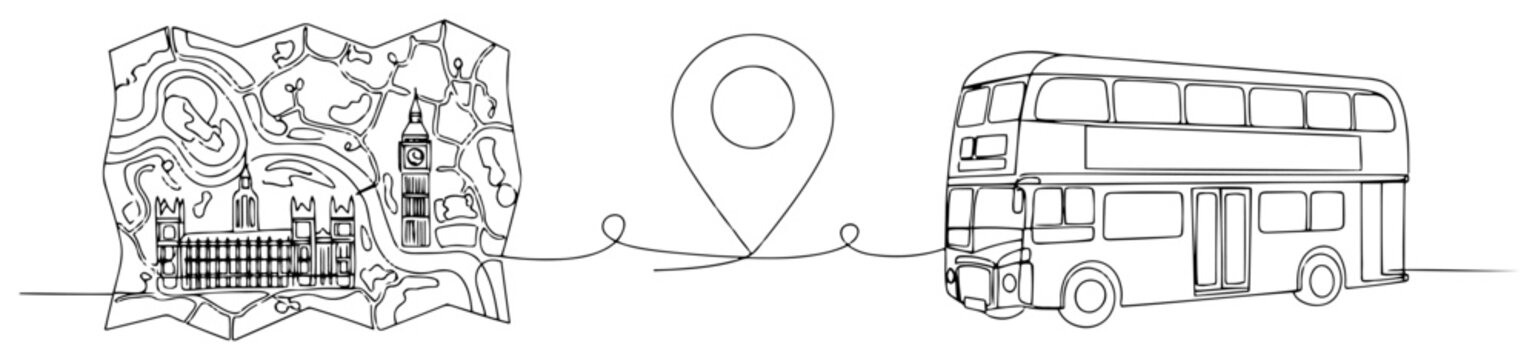 London map with Big Ben location pin and bus in continuous one line drawing style