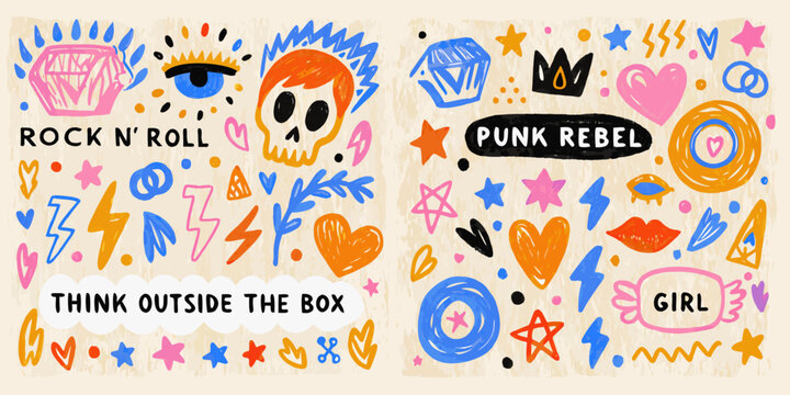 Punk Rock Doodle Collection Hand drawn Vector Illustration