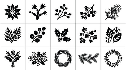 Set of black christmas plant and winter foliage icons including holly berry pine branch and floral wreaths © VECTOR Files