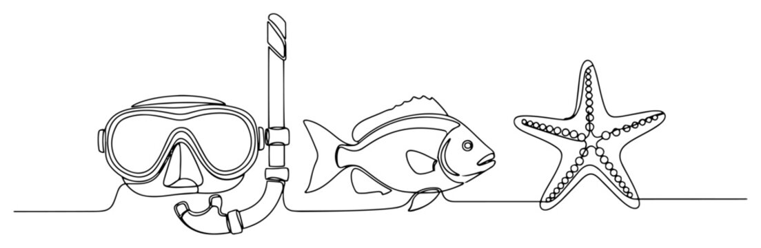 Snorkeling mask with fish and starfish in continuous line art style