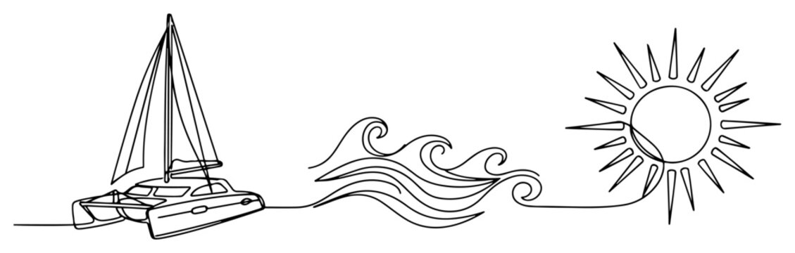 Catamaran boat sea waves and sun depicted in minimalist continuous one line art style