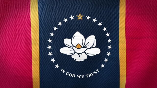 Mississippi State Flag Waving. Ultra Realistic Waving Flag Of Mississippi, USA. Seamless 4K Looped Animation With Realistic Fabric Movement. American State Flag, National Symbol, Patriotic Concept.