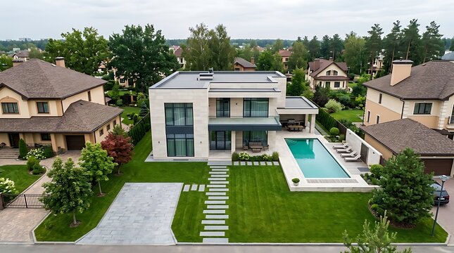 Aerial view of a modern luxury house with a swimming pool and garden