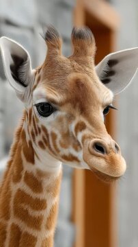 Close-up portrait of a young giraffe with distinctive markings, showcasing gentle eyes and soft fur against a textured backdrop.