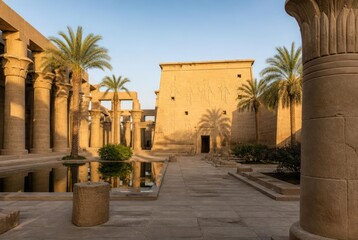 Fototapeta premium Ancient Egyptian Temple Courtyard with Palm Trees and Reflecting Pool