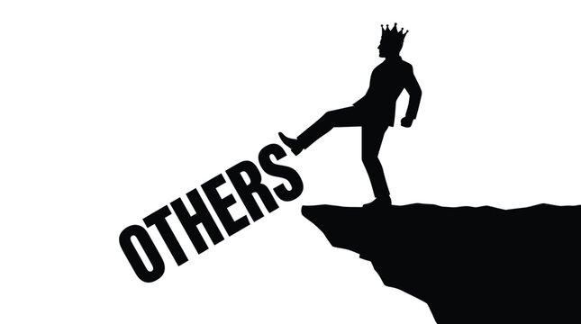 A bold vector illustration showing a selfish king kicking others off a steep cliff edge