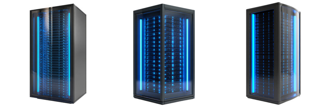 Three black server towers with blue lights on transparent background
