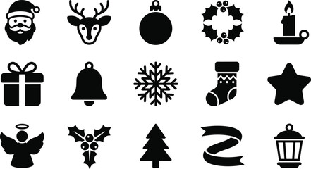 Set of black christmas holiday icons including santa claus reindeer bauble snowflake gift and tree © VECTOR Files