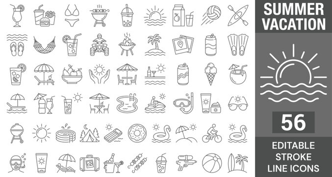 Summer Vacation Line Icon Set. 56 Editable Stroke Icons of Beach Travel Resort, Tropical Island Holiday, Swimming Pool, Sea Sunset, Cocktail Drink, and Cruise Tour, Vector Outline Symbols.