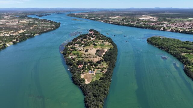 Sao Francisco River In Juazeiro Bahia Brazil. Stunning Harvest Field Landscape Viewed From Above. Tropical Eco Tourism. Rainforest Landscape. Juazeiro Bahia.