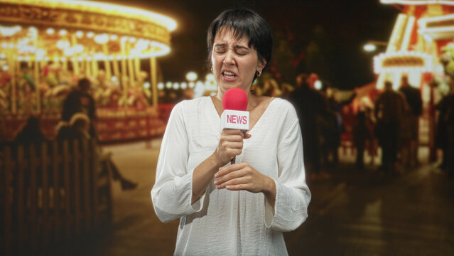 Woman holds a red microphone and pinches nose while reporting at a nighttime carnival; disgust concern.