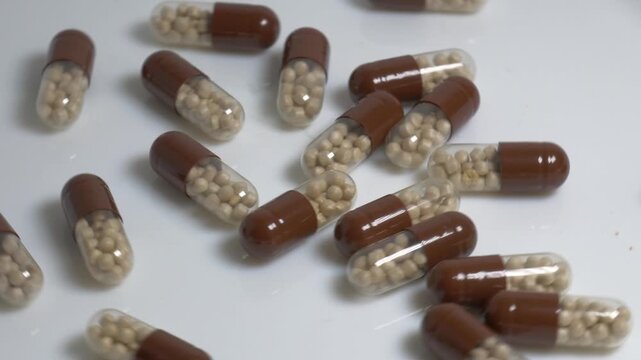 Close-up of brown medical capsules filled with small pellets rotating on a white plate, highlighting their transparent design under bright studio lighting.
