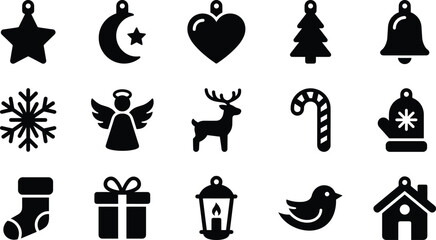 Set of black christmas holiday icons including star moon heart tree bell snowflake angel reindeer candy cane mitten stocking gift lantern bird and house isolated on white background © VECTOR Files
