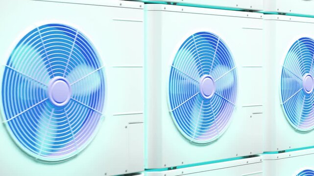 A row of white air conditioning units with circular fans, transitioning from inactive to glowing blue and cyan lights across the frames.