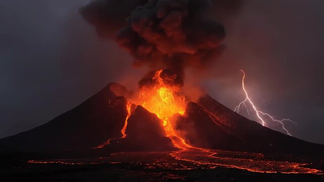 Active volcano erupting at night with glowing red lava flows descending mountain slopes and thick plumes of volcanic ash and smoke billowing into the dark twilight sky landscape.
