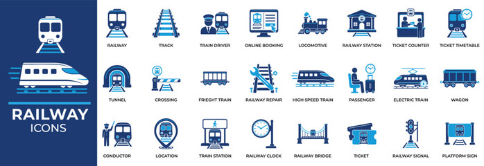 Railway Icons Set Featuring Train Transport, Rail Station, Ticket Booking, Passenger Transit, Railway Infrastructure and Solid Vector Icon Pack © Icons Queen