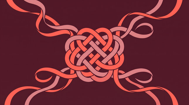 Intertwined coral and pink ribbon knot design over a dark burgundy background illustration