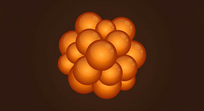 Stylized illustration of orange glossy spheres clustered together on a dark brown background