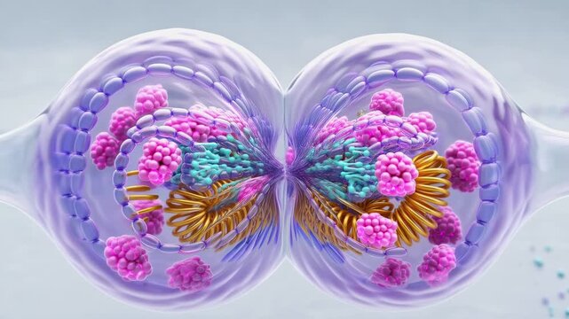 Animated scientific illustration of cell mitosis, showing the complex process of cellular division and replication, with chromosomes and organelles accurately depicted inside the cytoplasm