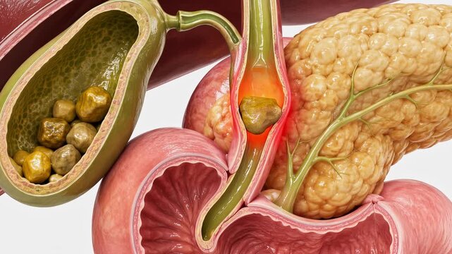 Medical animation showing a gallstone moving from the gallbladder, getting stuck in the common bile duct, blocking the pancreatic duct, and causing inflammation of the pancreas