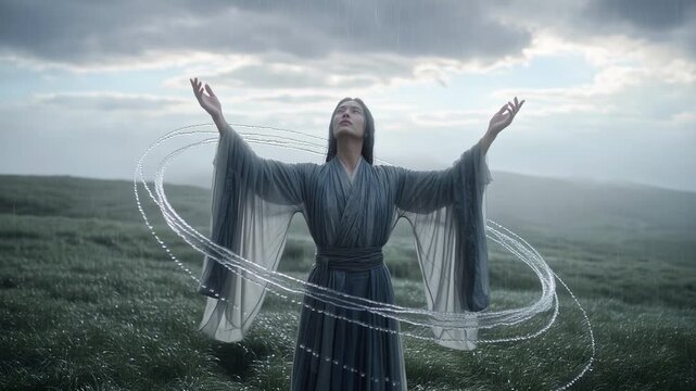 Mystical asian woman in a flowing gown performing elemental magic, gracefully controlling a swirling ring of water while standing in a rain soaked, misty field under a dramatic cloudy sky