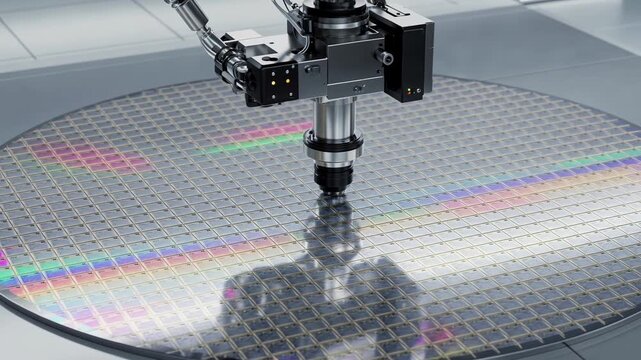 Modern high tech machine with a robotic arm moving over a silicon wafer, meticulously testing the microchips during the advanced semiconductor manufacturing process in a clean room facility