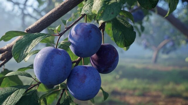 Close up of a bunch of fresh, ripe blue plums hanging on a branch in a misty morning orchard, with soft sunlight illuminating the scene and a blurred background full of fruit trees