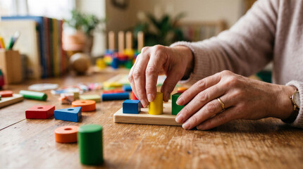 Fototapeta premium Senior citizen hands assembling colorful wooden building blocks for cognitive therapy
