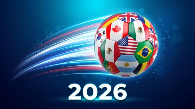 Soccer ball with flags of participating nations for the 2026 World Cup on a dynamic blue background with light streaks