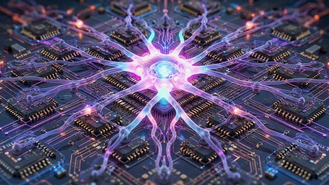 Pulsing neuron sending electrical signals through a futuristic motherboard with glowing microchips and circuits, representing concepts of ai, data processing, and advanced technology