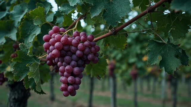 Beautiful bunch of ripe red grapes hanging on the vine, gently swaying in the wind with the vineyard rows visible in the background, signaling the beginning of the autumn harvest season