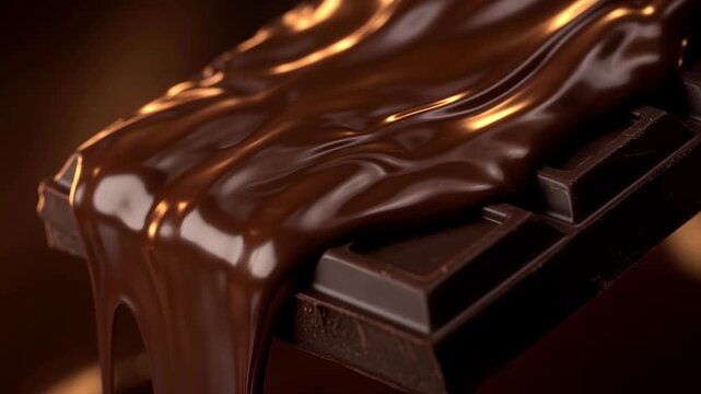 Rich, melted dark chocolate gracefully flowing over a solid chocolate bar in a luscious and tempting close up, creating a smooth and glossy coating perfect for any indulgent dessert concept