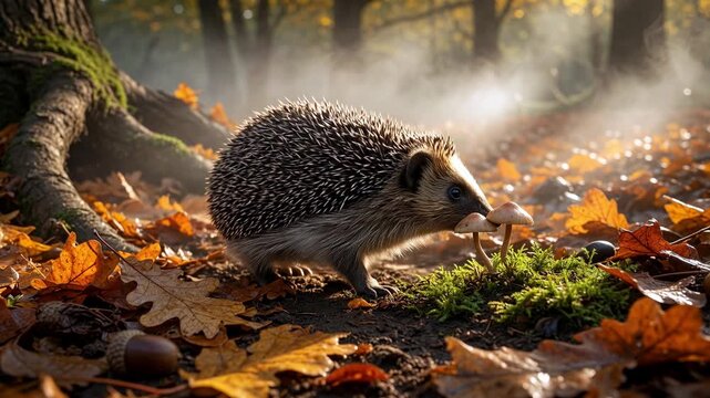 Adorable wild hedgehog sniffing around mushrooms and fallen leaves on a beautiful misty autumn morning, with soft sunlight filtering through the trees in a peaceful forest setting